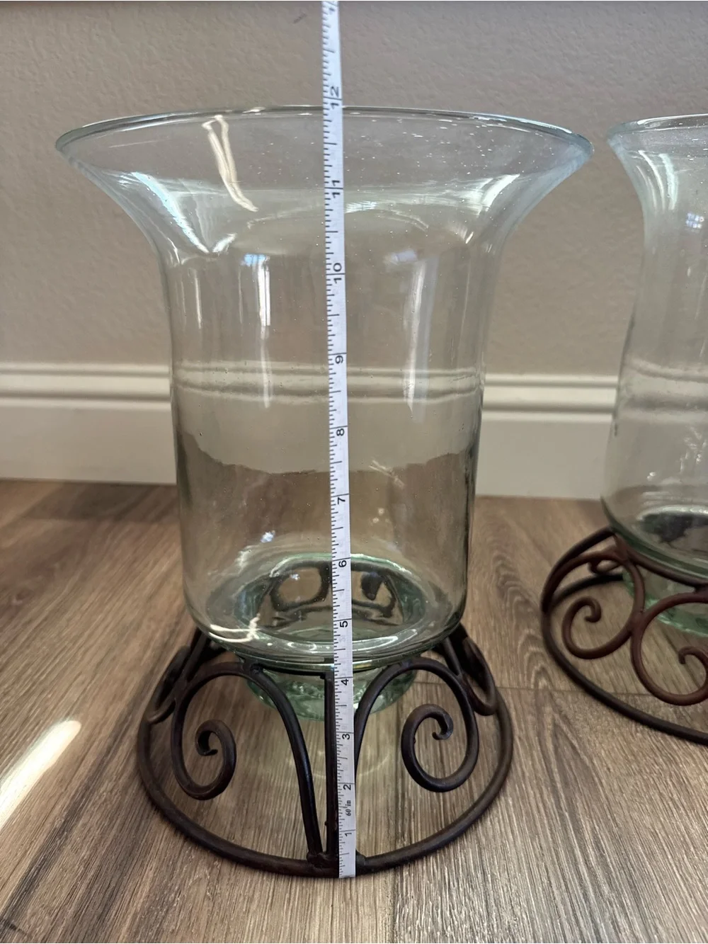 Clear Glass Hurricane Vases with Brown Scrolled Metal Bases, Set of 2